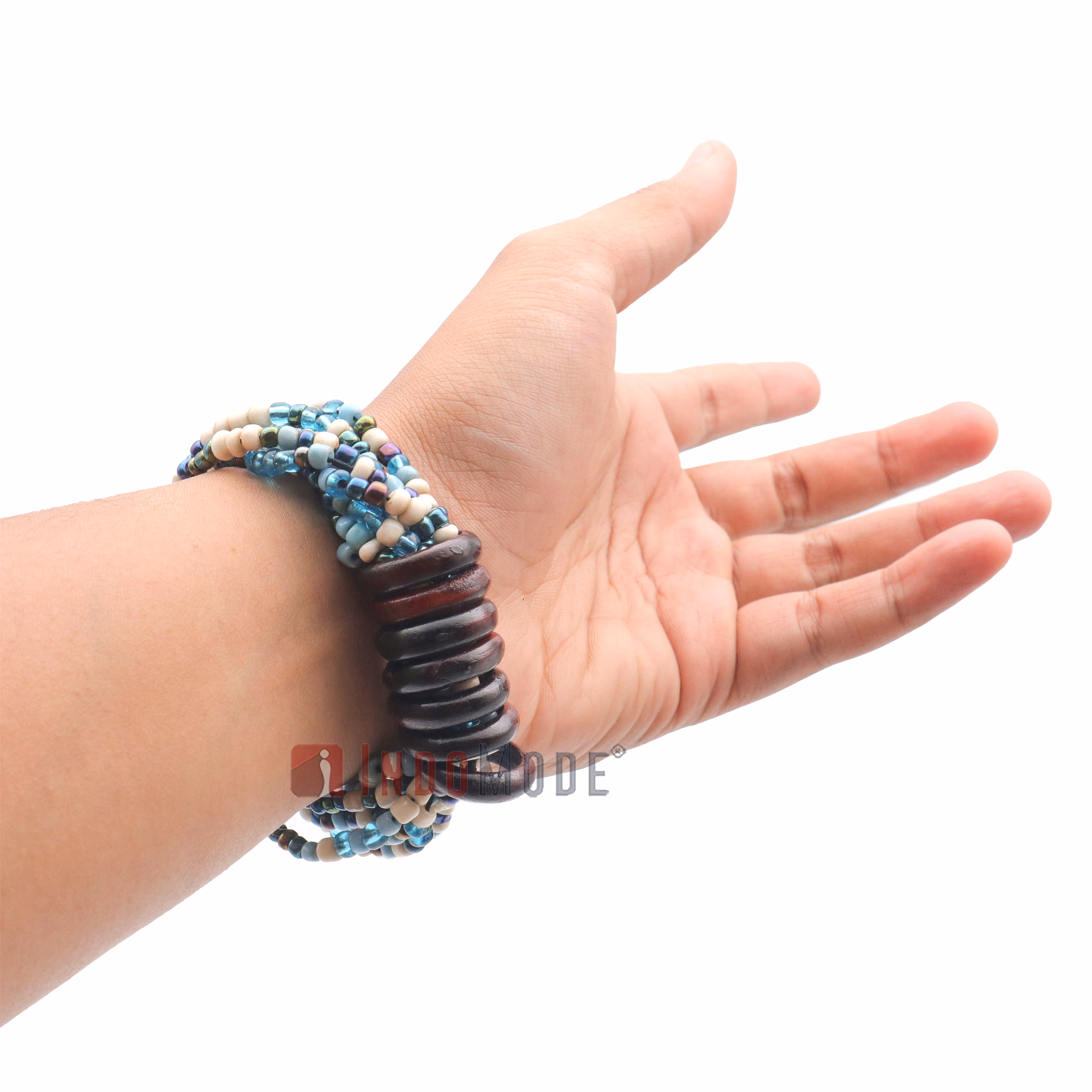 Beaded Bali Bracelet - Bone White, Translucent, Translucent Blue Handcrafted 10-Strand Elastic Stretchy Women's Jewelry with Wood Rings Size 6.5-7.5 inch with Gift Box