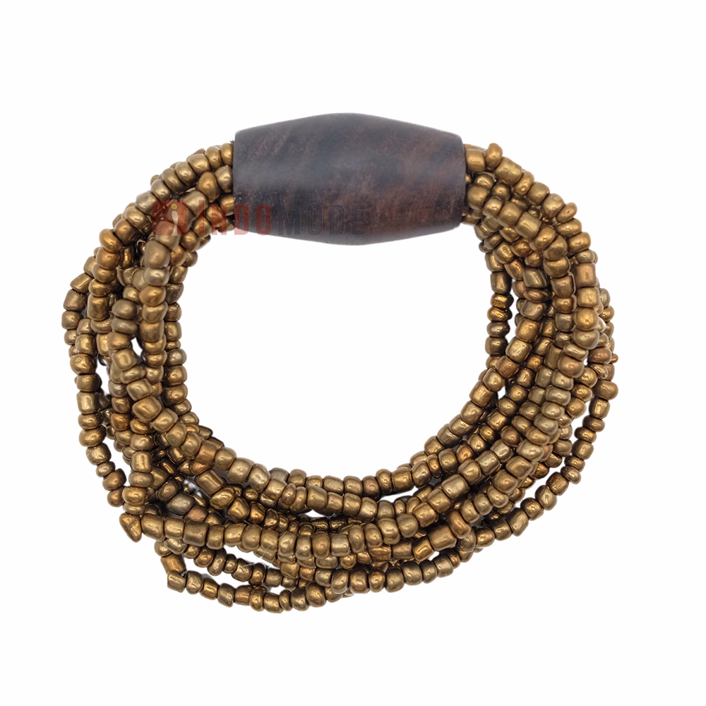 Beautiful Gold 11-Strand Elastic Glass Beaded Bracelet with Dark Hardwood Bead