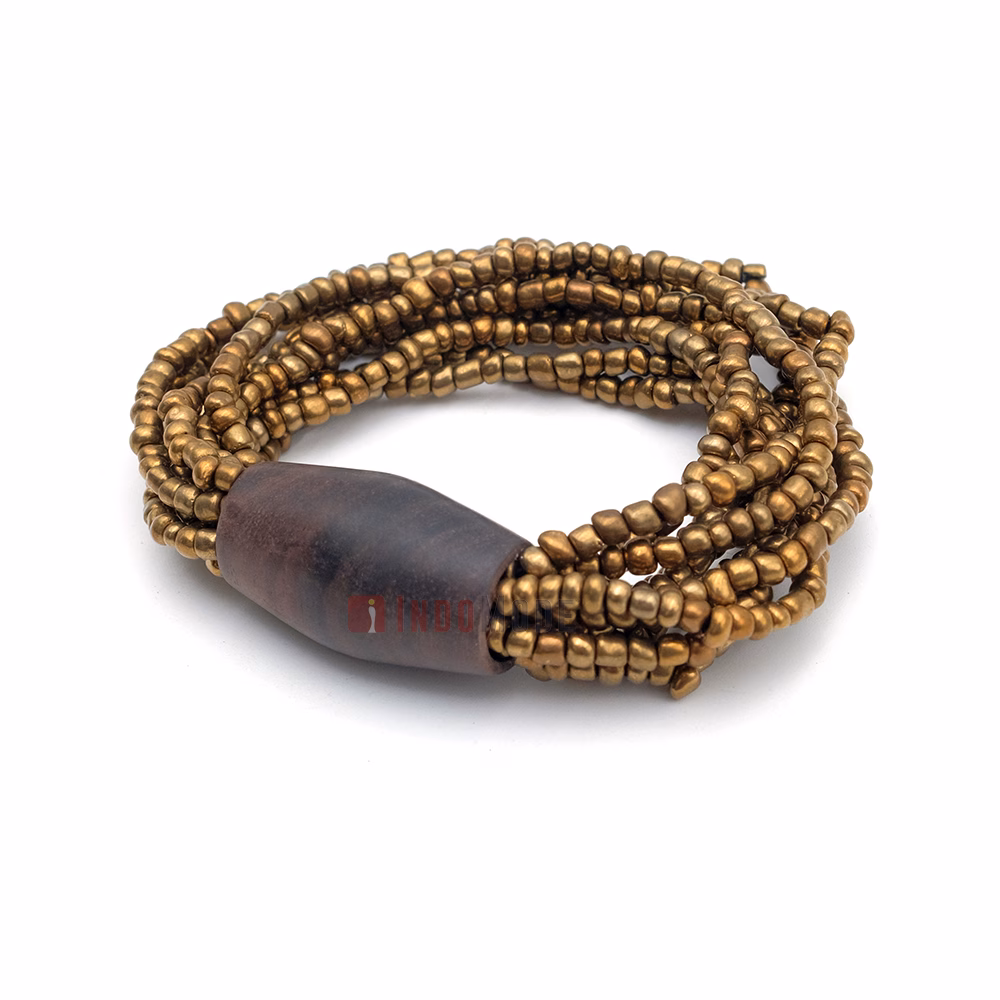 Beautiful Gold 11-Strand Elastic Glass Beaded Bracelet with Dark Hardwood Bead - Image 2