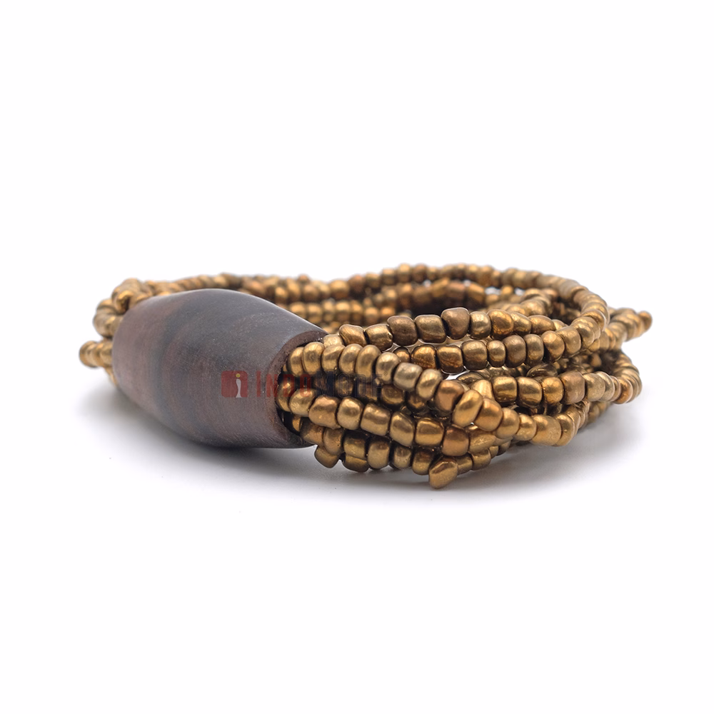 Beautiful Gold 11-Strand Elastic Glass Beaded Bracelet with Dark Hardwood Bead - Image 3