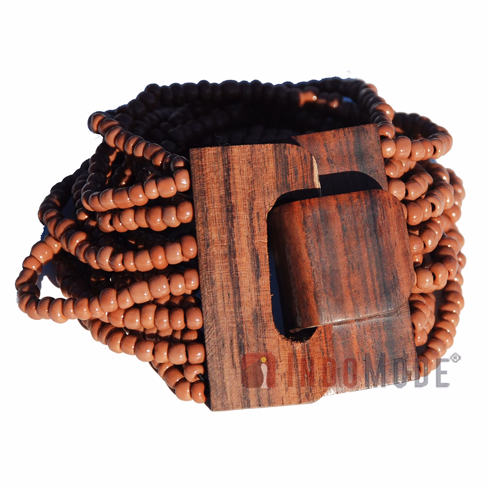 Clay Brown 14-Strand Glass Beaded Bracelet Sculpted Hardwood Buckle