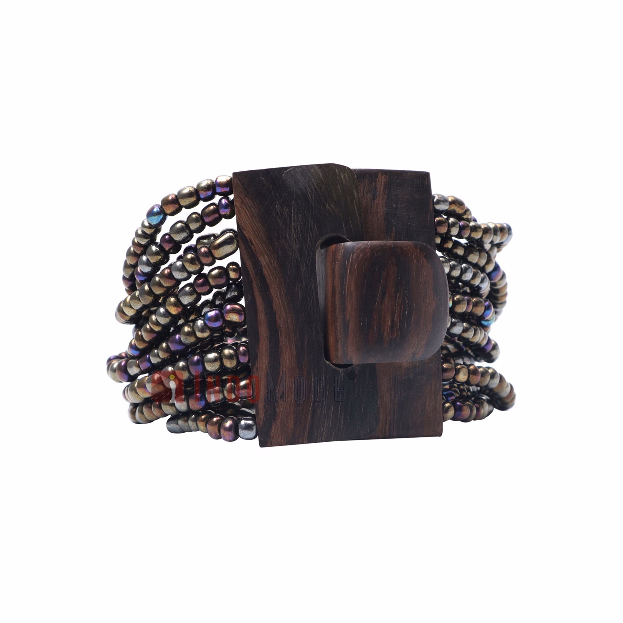 Rainbow Chrome Glass Bead Bali Bracelet Dark Brown Wood Buckle Clasp