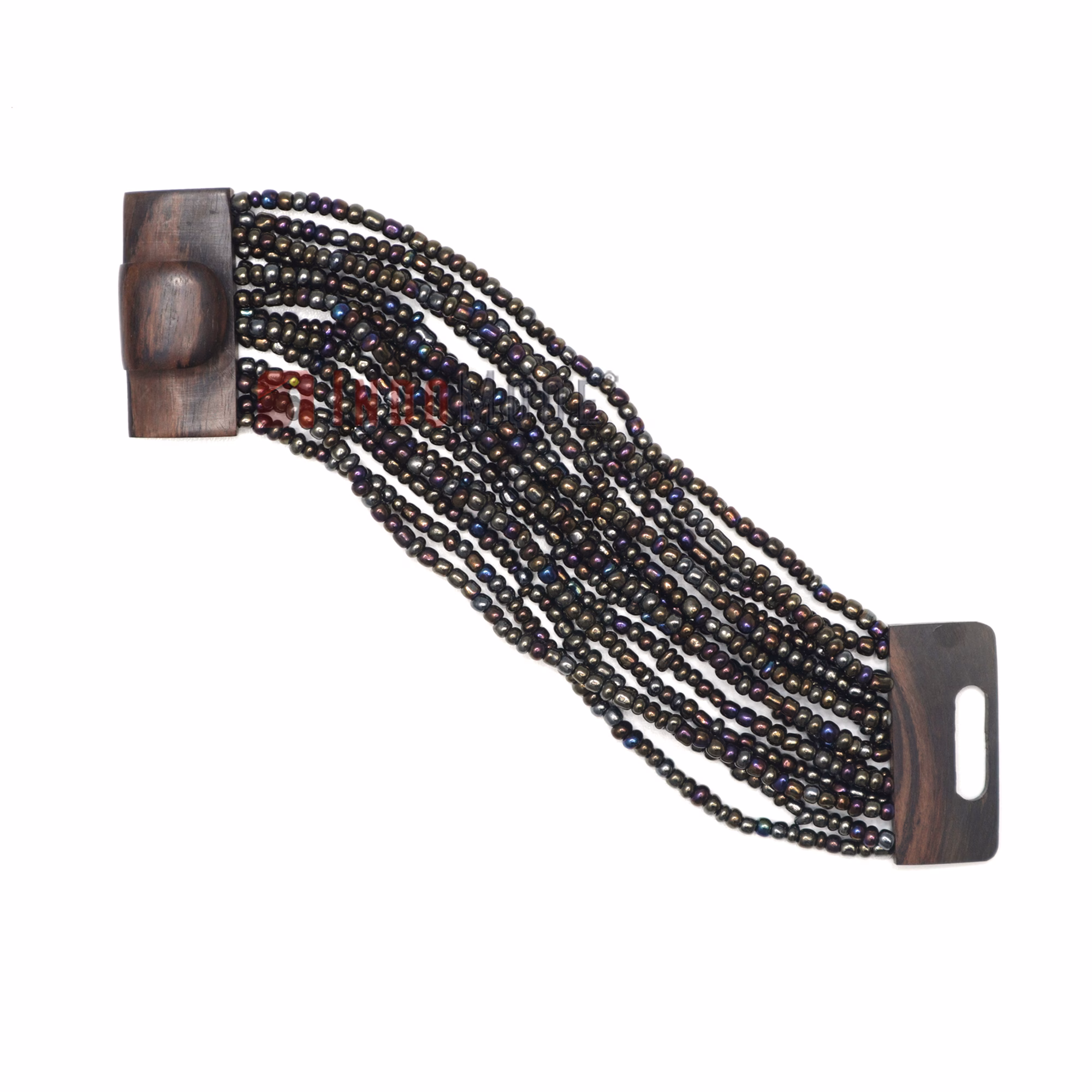 Rainbow Chrome Glass Bead Bali Bracelet Dark Brown Wood Buckle Clasp - Image 2