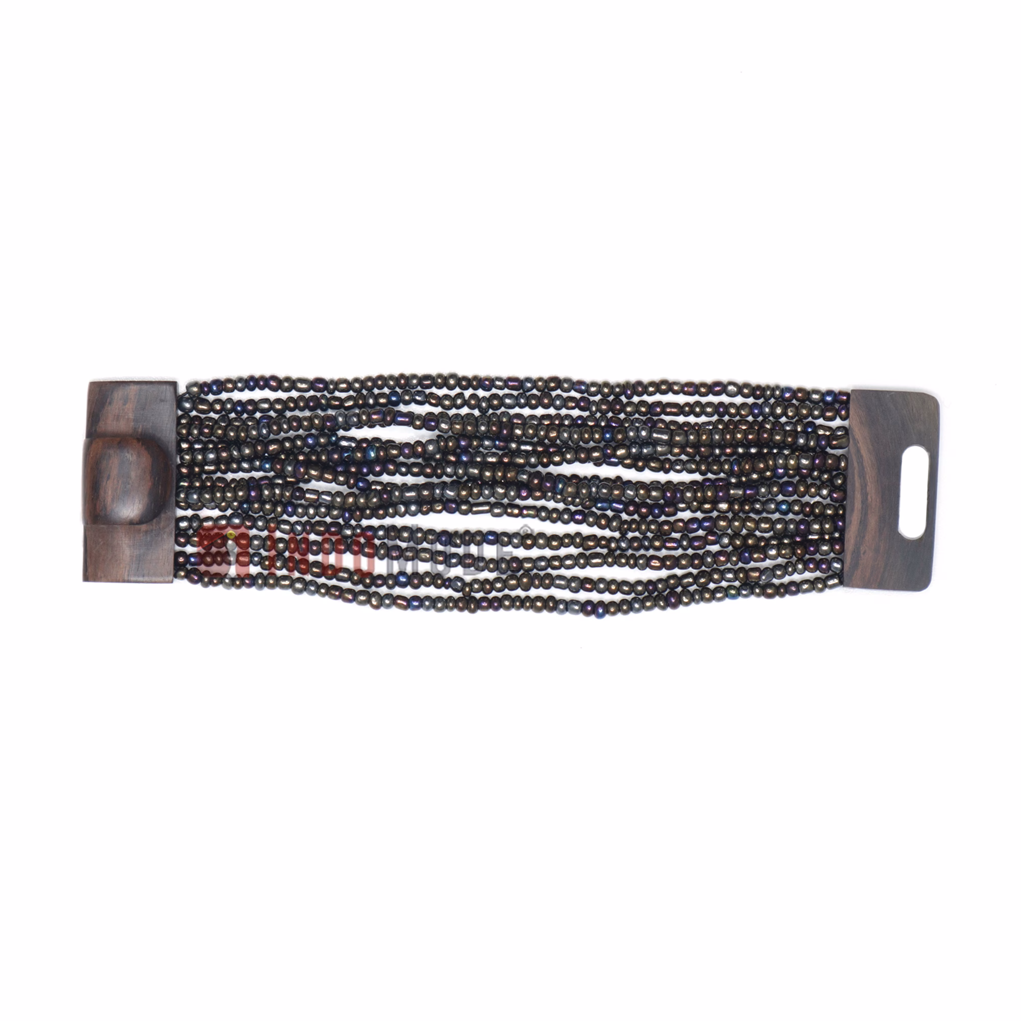 Rainbow Chrome Glass Bead Bali Bracelet Dark Brown Wood Buckle Clasp - Image 3