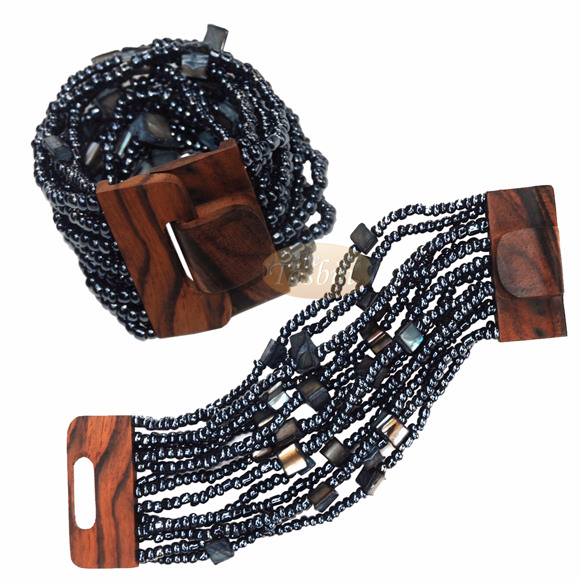 Rainbow Chrome Glass Bead Bali Bracelet Dark Brown Wood Buckle Clasp - Image 6