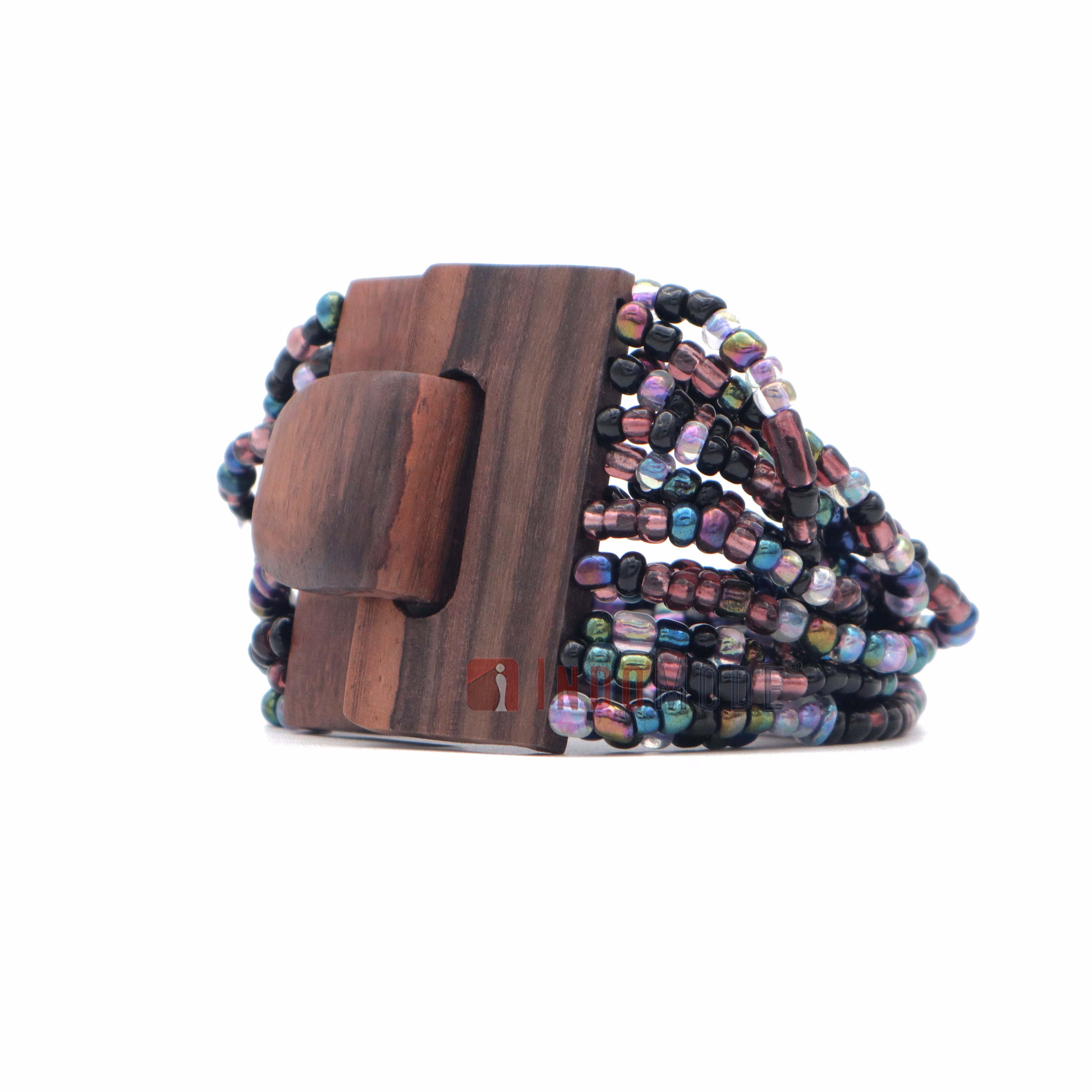 Handmade Purple & Rainbow Chrome Beaded Bracelet with Hardwood Clasp