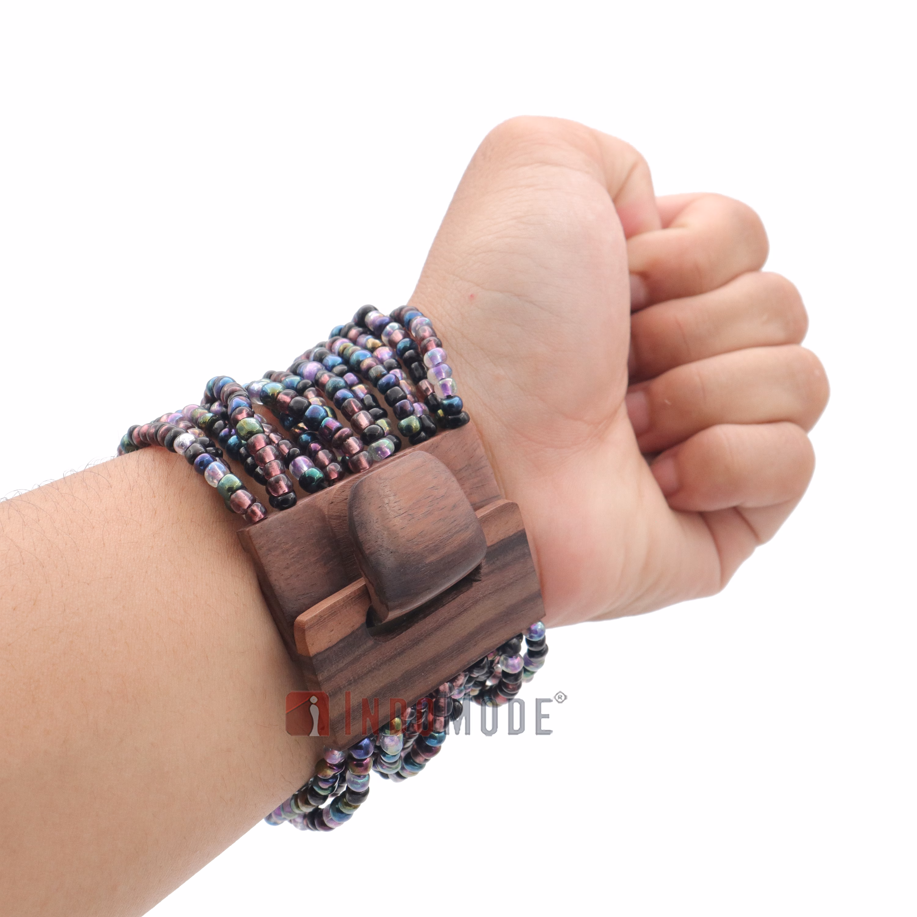 Handmade Purple & Rainbow Chrome Beaded Bracelet with Hardwood Clasp - Image 6