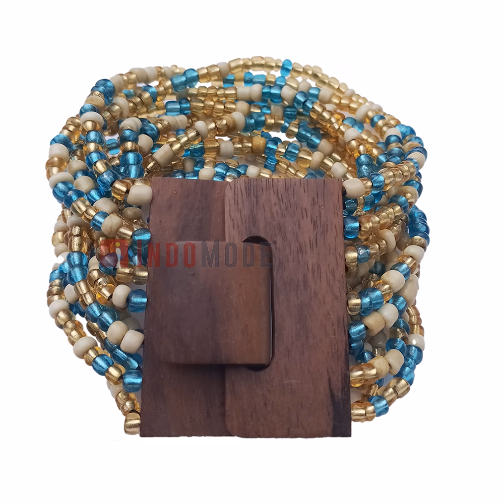 Beaded Women's Bracelet From Bali - Bone, Blue & Translucent Gold 2 mm Glass Beads
