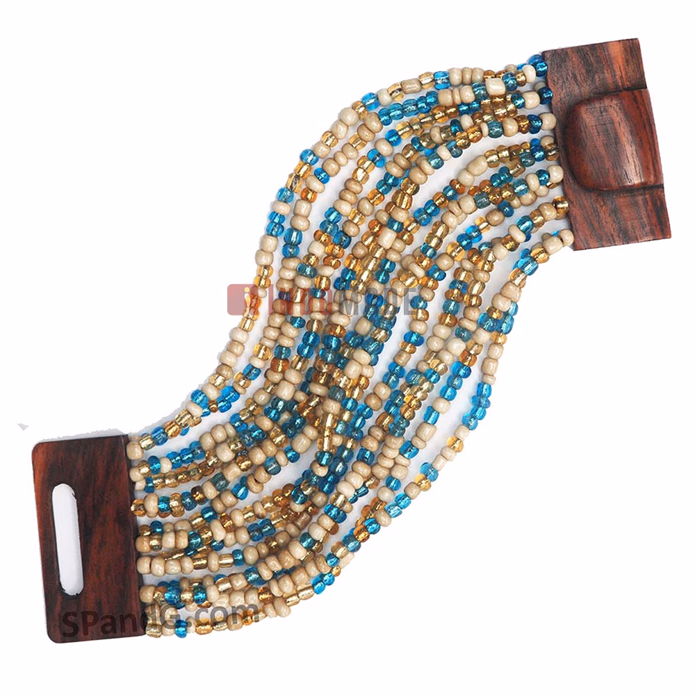 Beaded Women's Bracelet From Bali - Bone, Blue & Translucent Gold 2 mm Glass Beads - Image 2