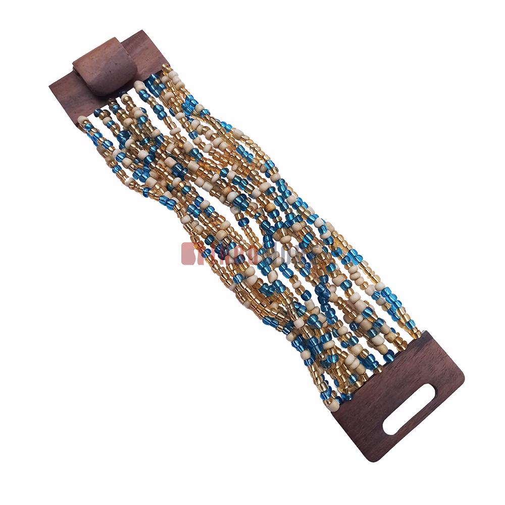 Beaded Women's Bracelet From Bali - Bone, Blue & Translucent Gold 2 mm Glass Beads - Image 3