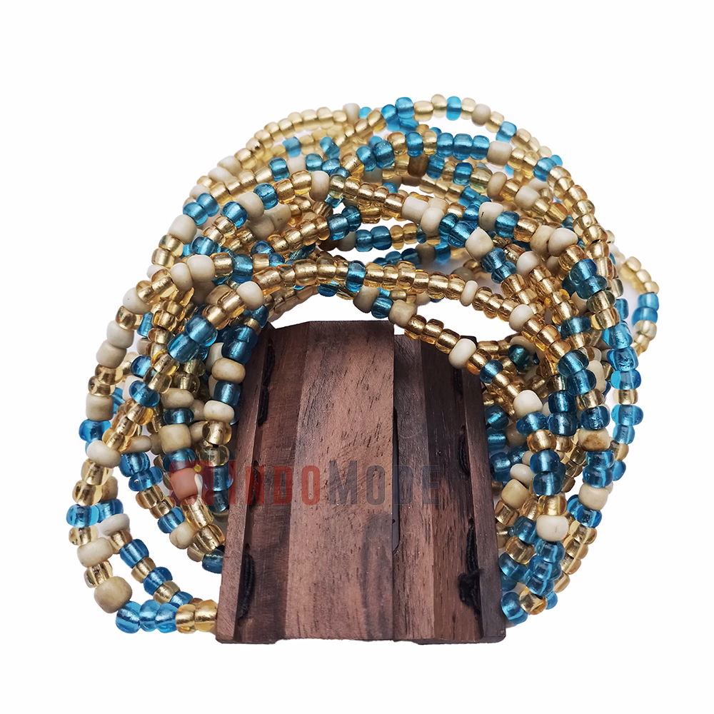 Beaded Women's Bracelet From Bali - Bone, Blue & Translucent Gold 2 mm Glass Beads - Image 4