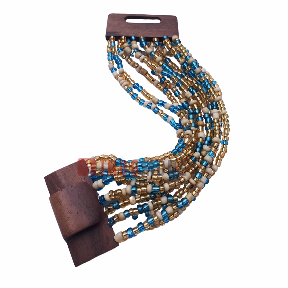 Beaded Women's Bracelet From Bali - Bone, Blue & Translucent Gold 2 mm Glass Beads - Image 5