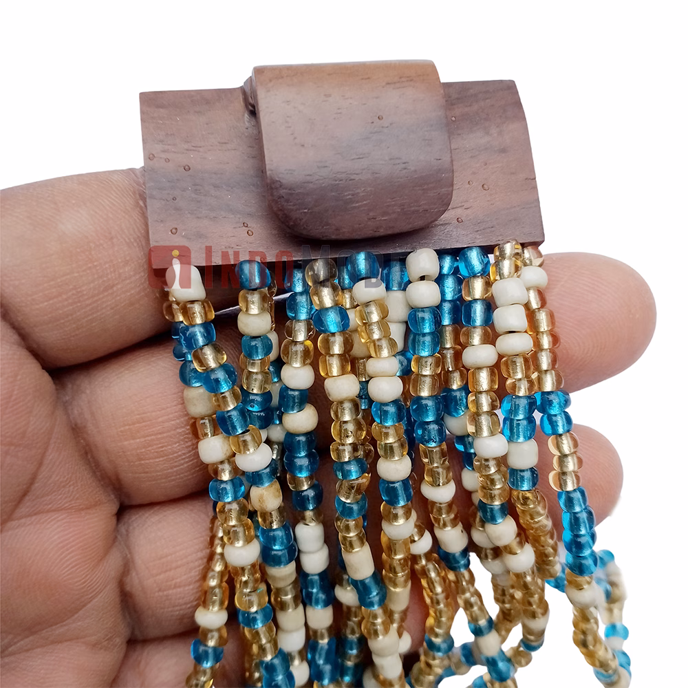 Beaded Women's Bracelet From Bali - Bone, Blue & Translucent Gold 2 mm Glass Beads - Image 6