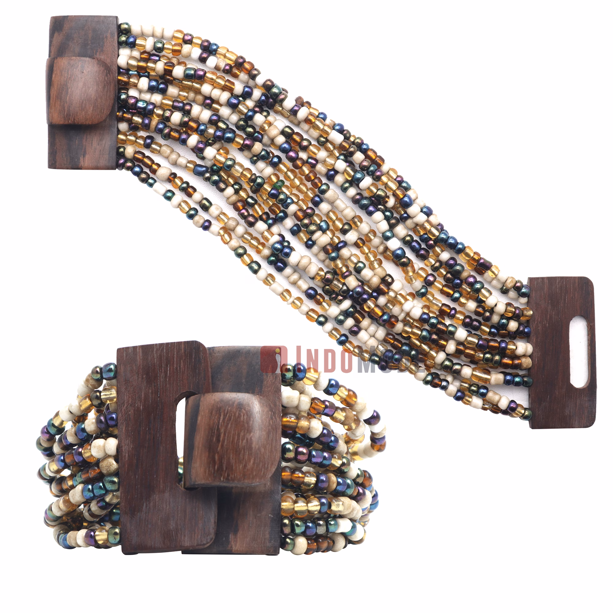 Beaded In Bali Bracelet 14-Strand Bone-Color White Chrome Brown Mix - Image 2