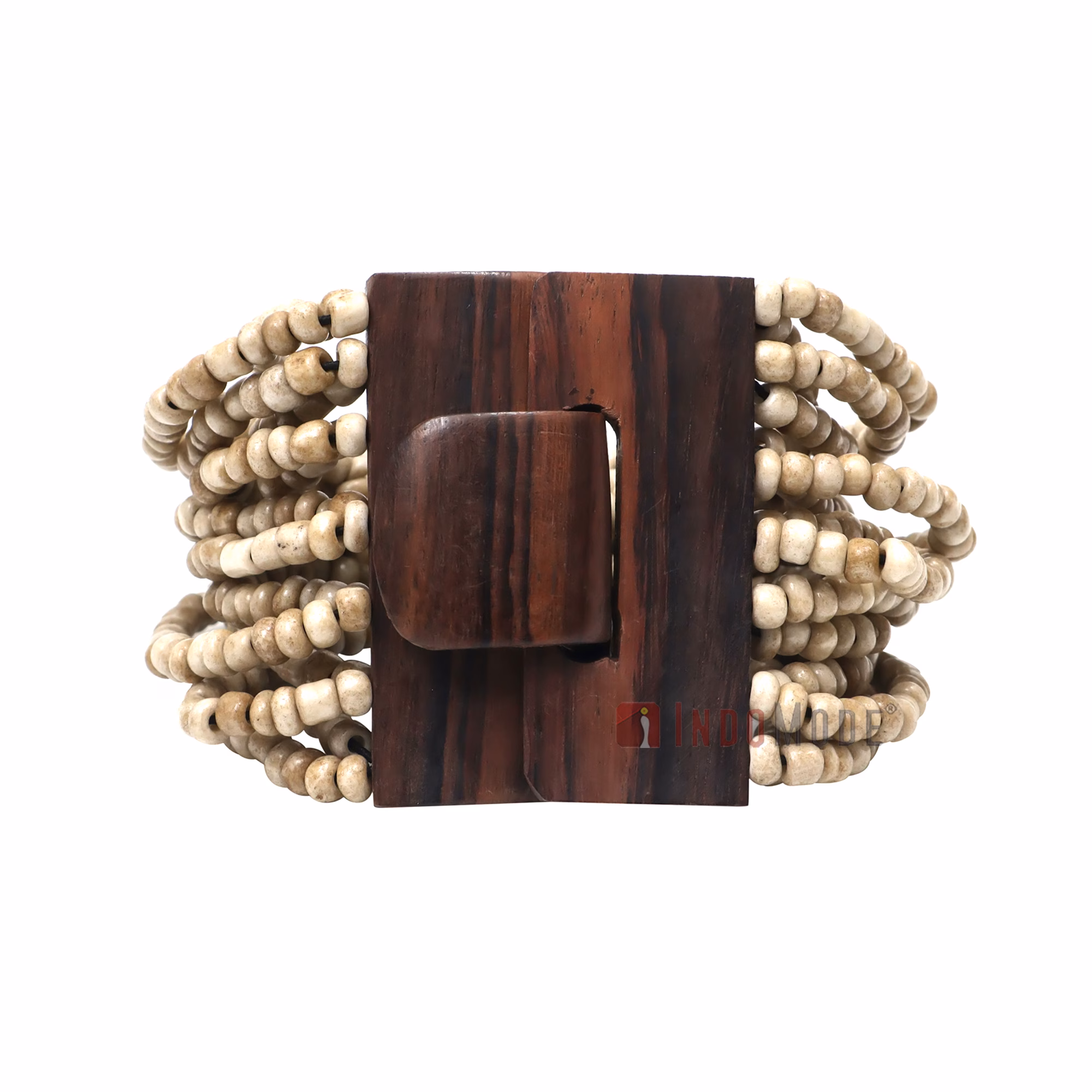 Rustic Bone White Glass Beaded Bracelet 14-Strand Wood Buckle Clasp