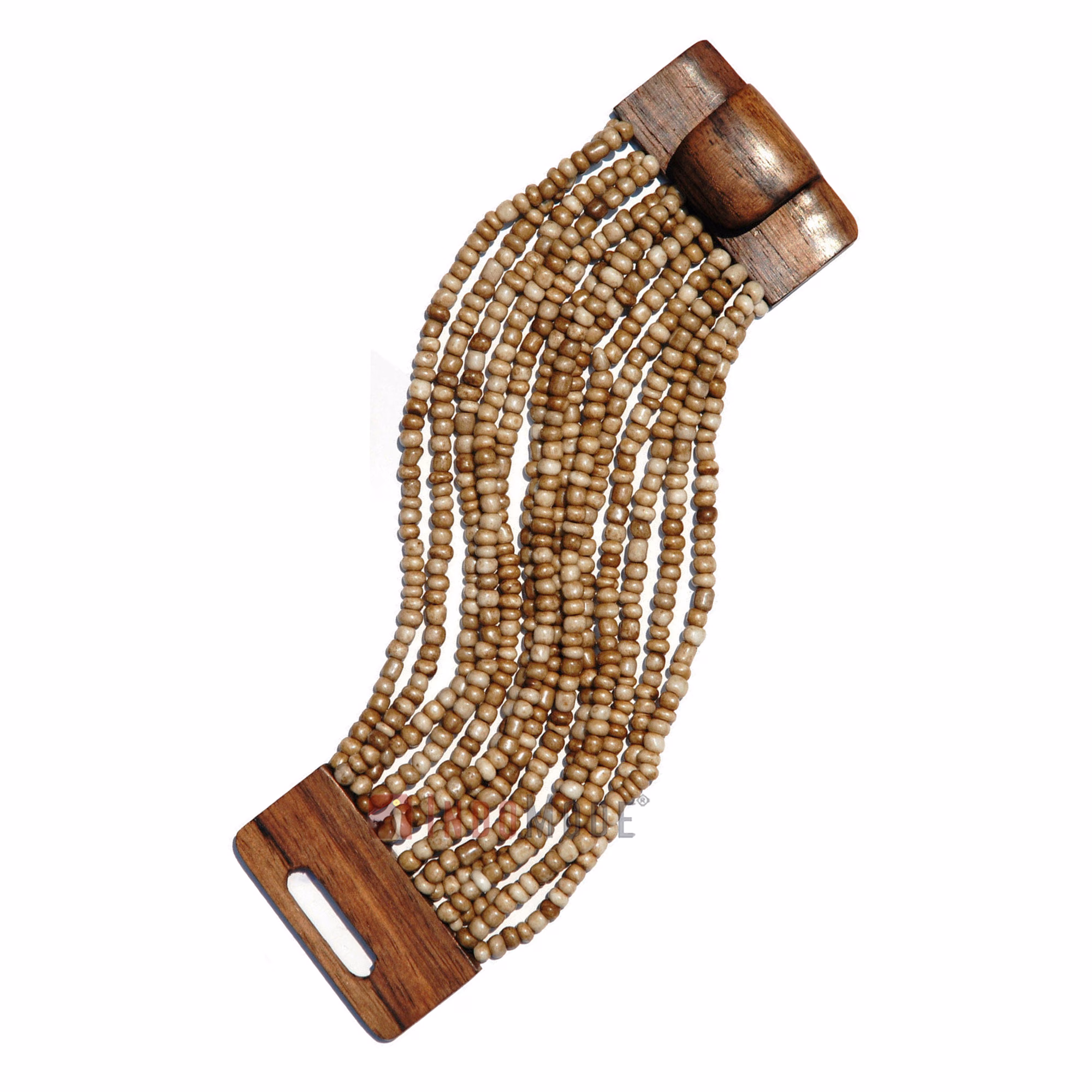 Rustic Bone White Glass Beaded Bracelet 14-Strand Wood Buckle Clasp - Image 2