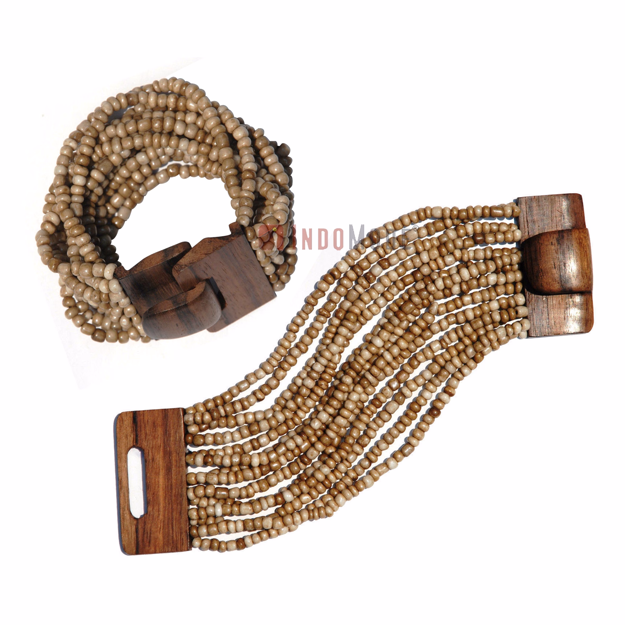 Rustic Bone White Glass Beaded Bracelet 14-Strand Wood Buckle Clasp - Image 3