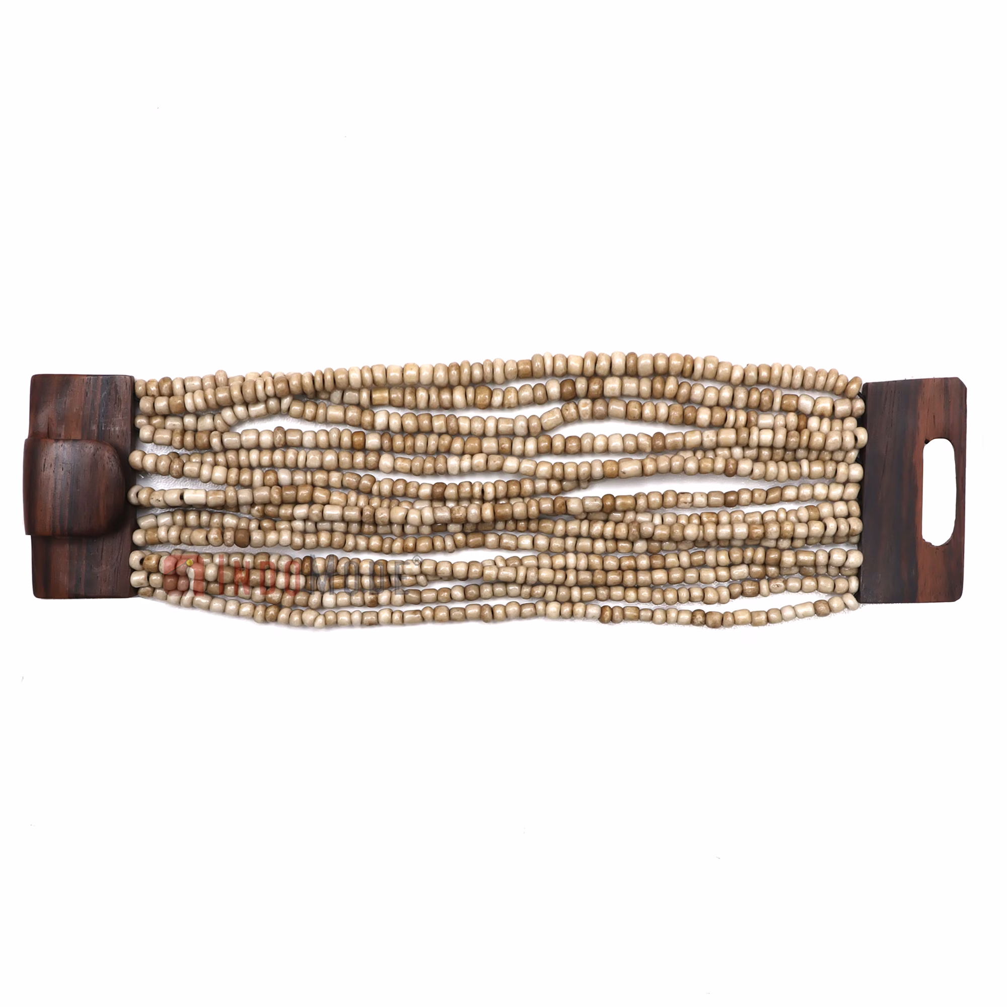 Rustic Bone White Glass Beaded Bracelet 14-Strand Wood Buckle Clasp - Image 4