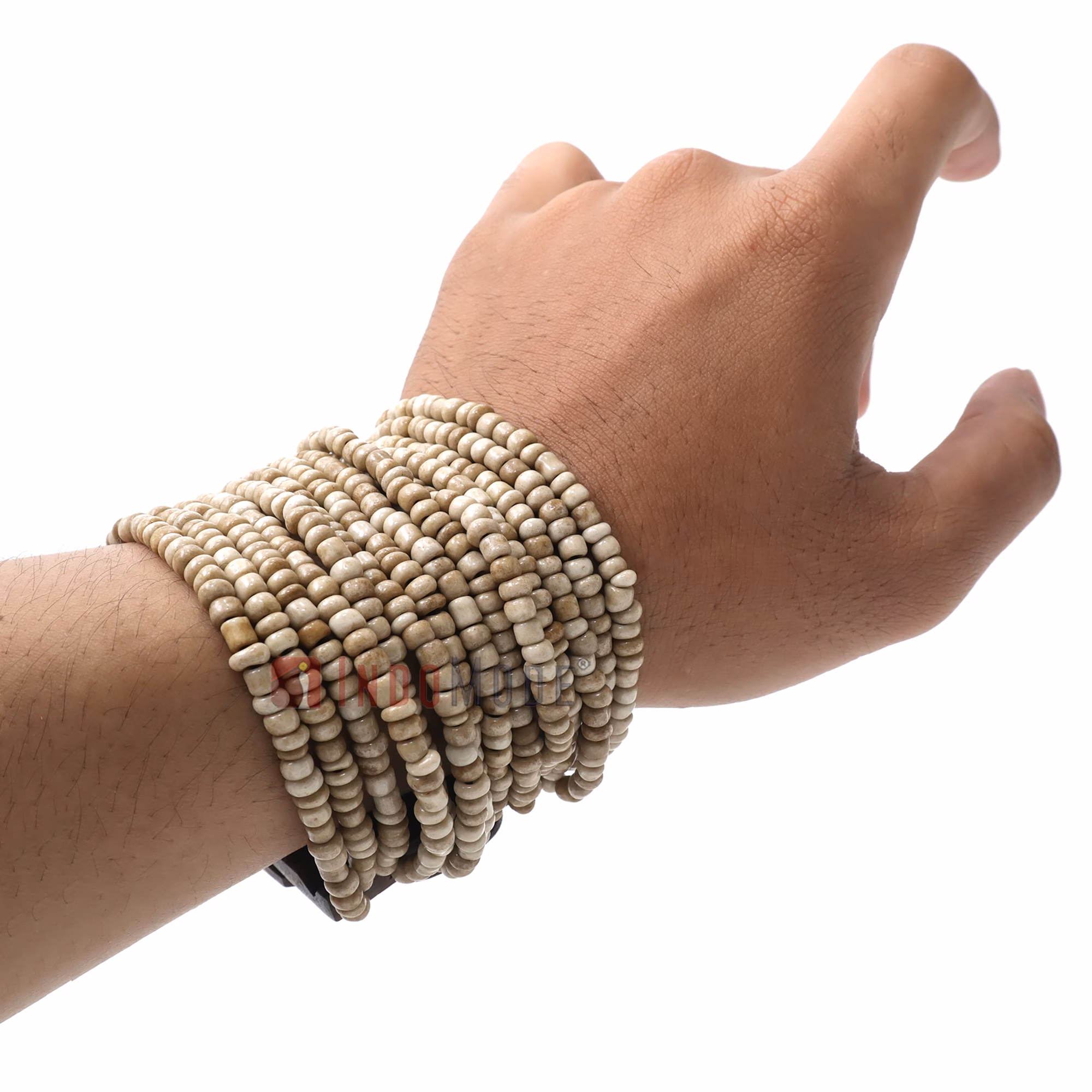 Rustic Bone White Glass Beaded Bracelet 14-Strand Wood Buckle Clasp - Image 6