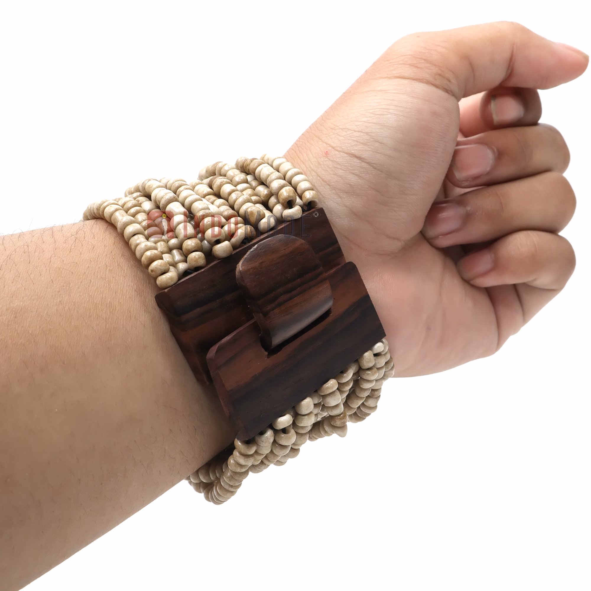 Rustic Bone White Glass Beaded Bracelet 14-Strand Wood Buckle Clasp - Image 7