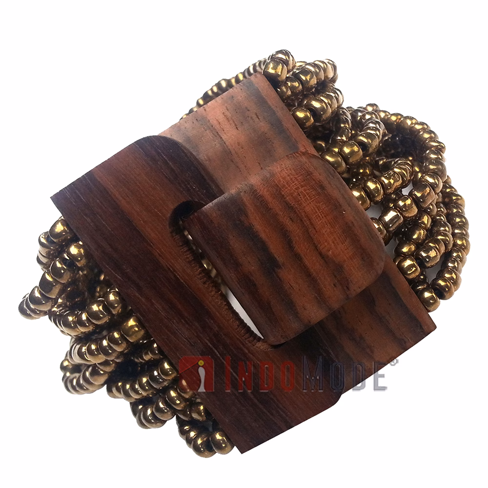Metallic Gold Color 14-Strand Glass Beaded Bracelet Hardwood Buckle