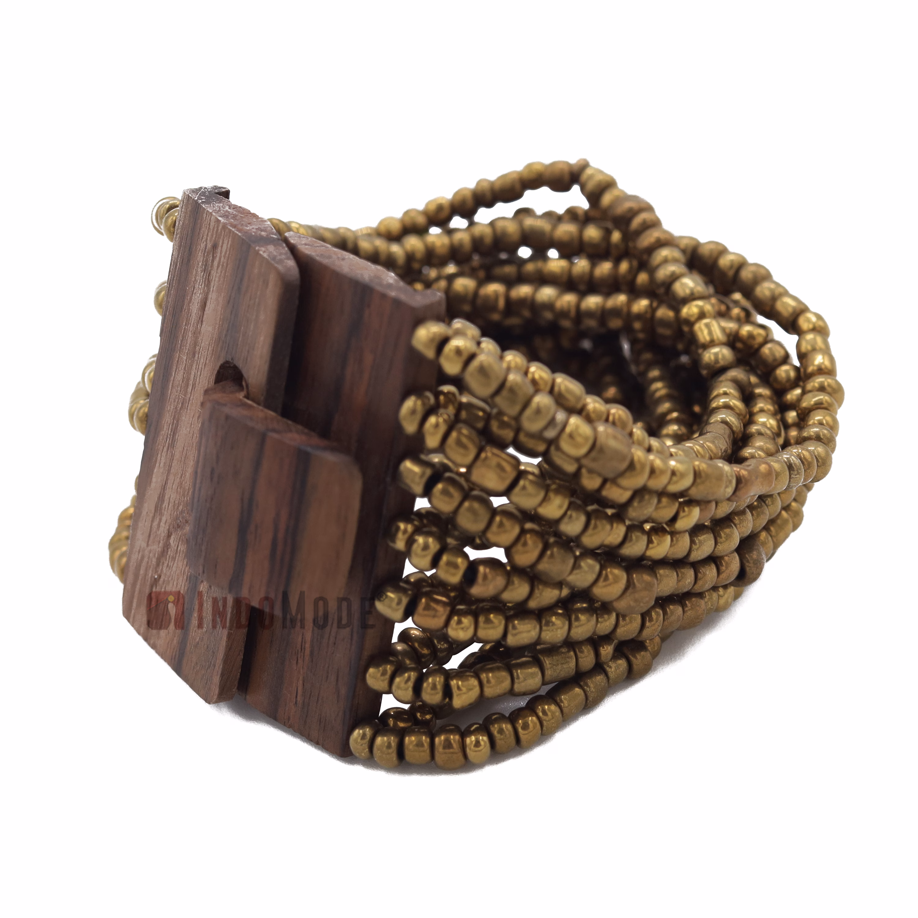 Metallic Gold Color 14-Strand Glass Beaded Bracelet Hardwood Buckle - Image 2