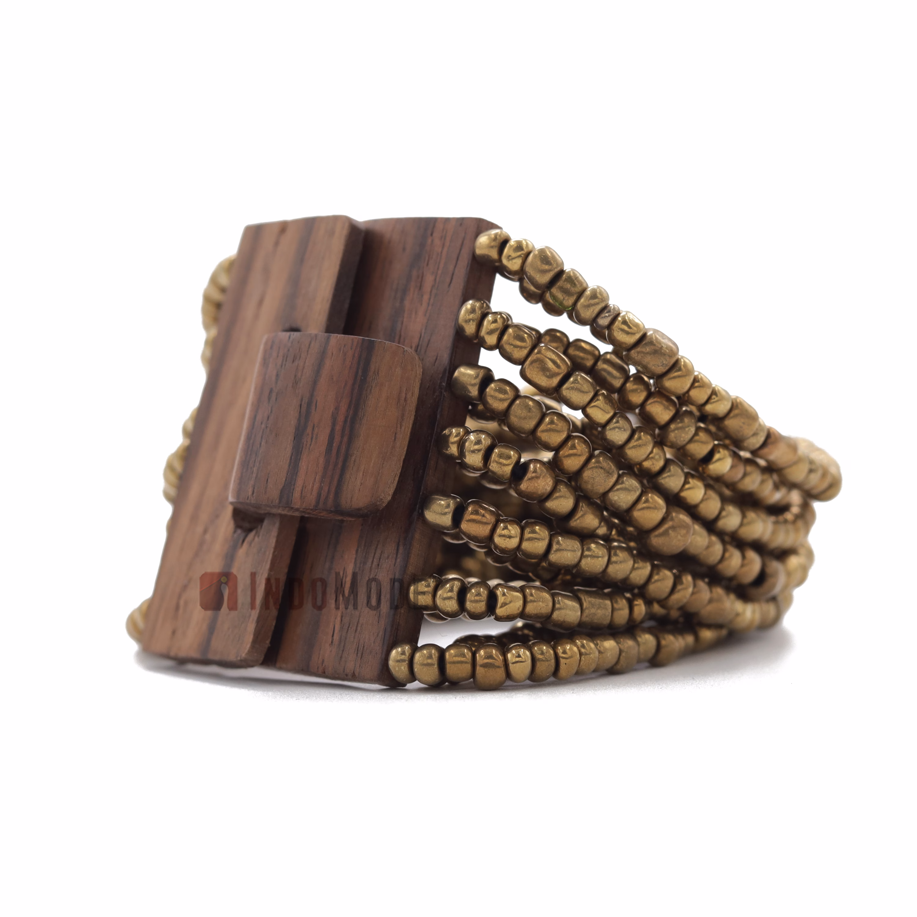 Metallic Gold Color 14-Strand Glass Beaded Bracelet Hardwood Buckle - Image 3