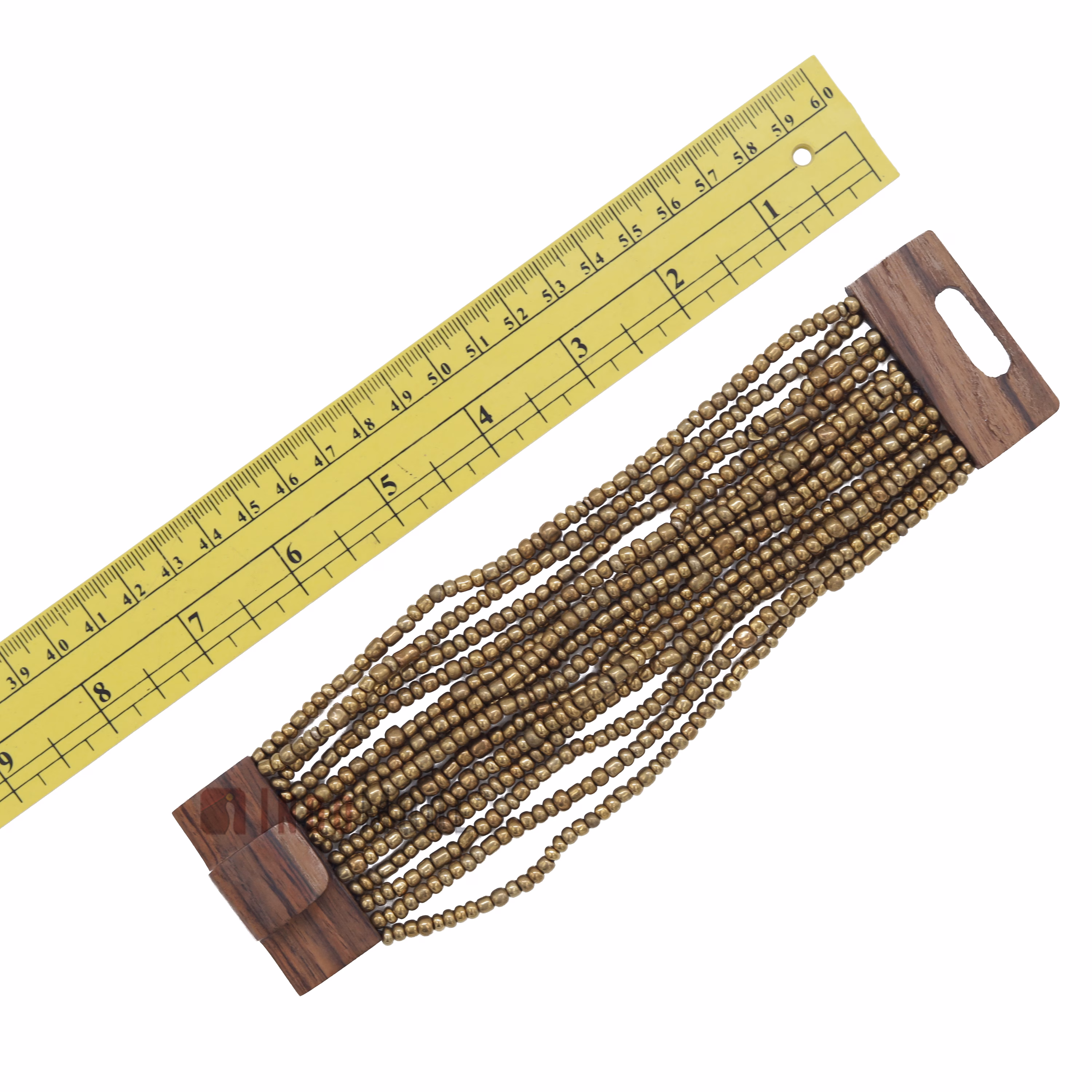 Metallic Gold Color 14-Strand Glass Beaded Bracelet Hardwood Buckle - Image 4