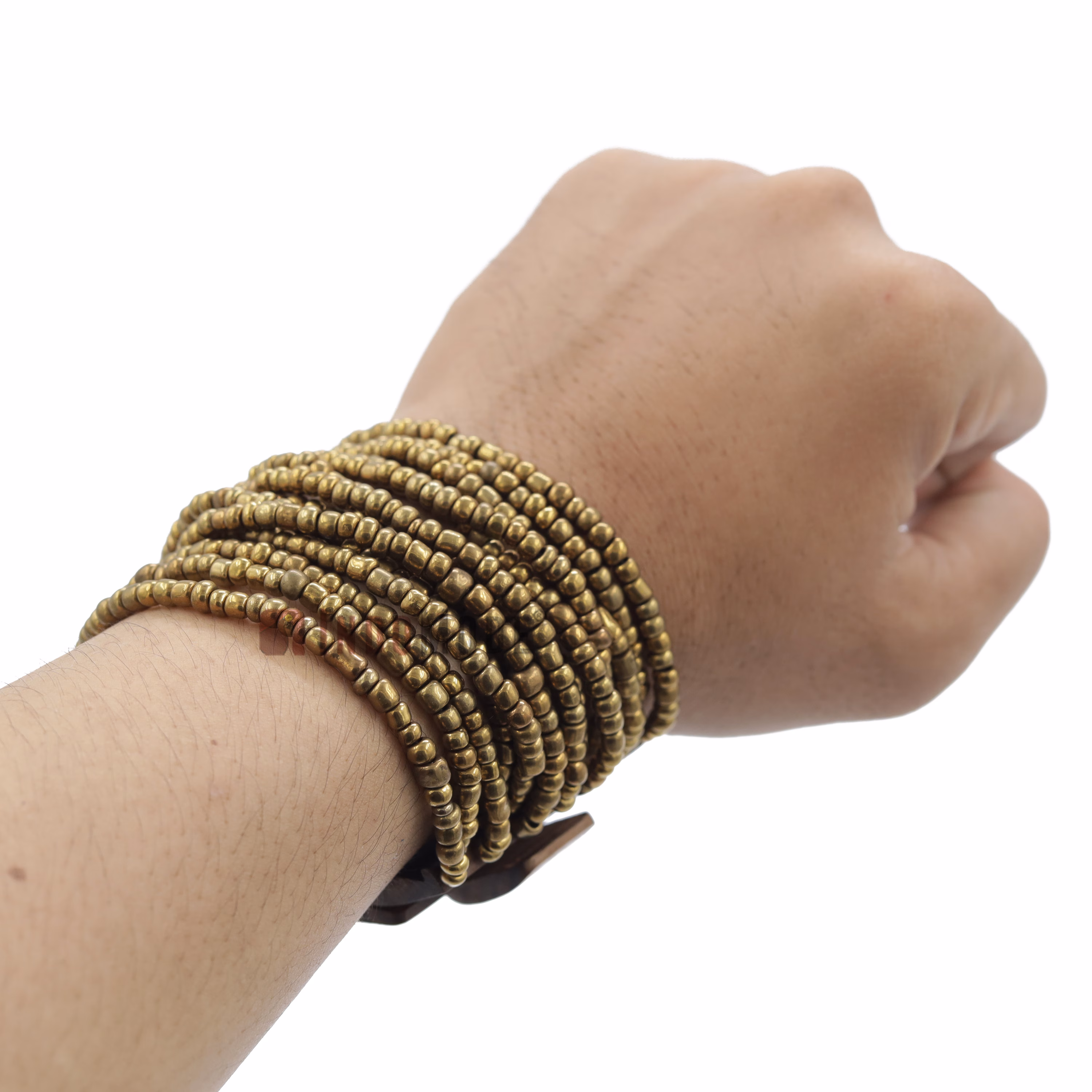 Metallic Gold Color 14-Strand Glass Beaded Bracelet Hardwood Buckle - Image 5