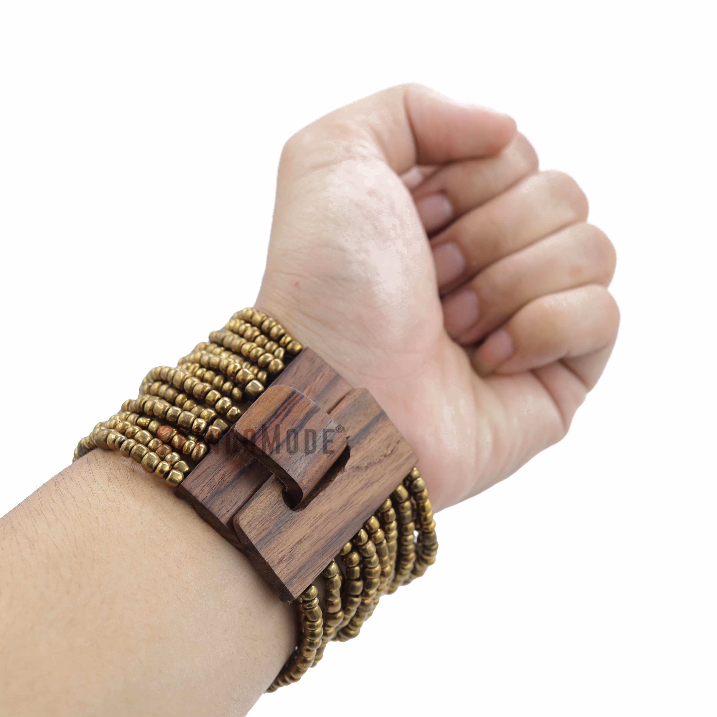 Metallic Gold Color 14-Strand Glass Beaded Bracelet Hardwood Buckle - Image 6