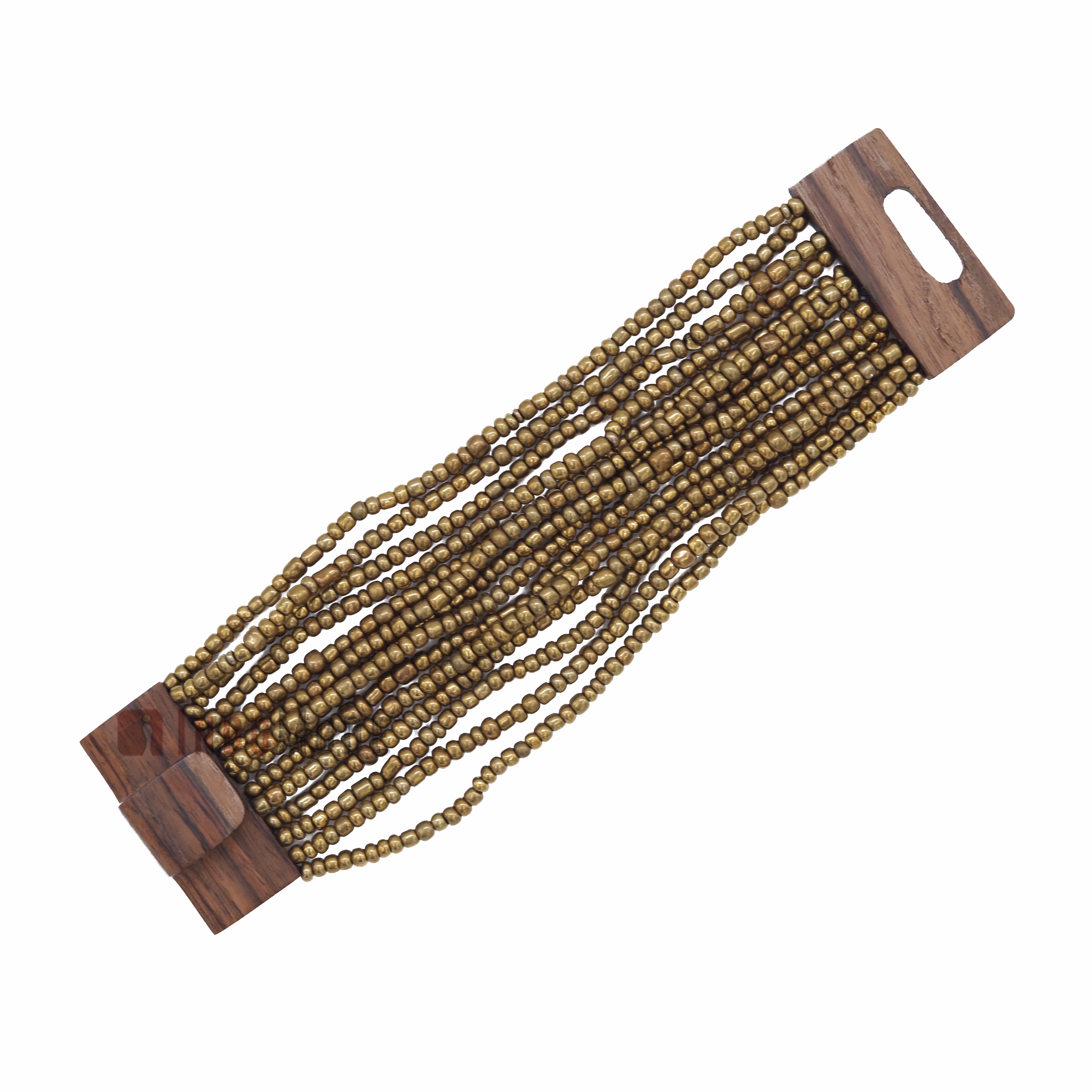 Metallic Gold Color 14-Strand Glass Beaded Bracelet Hardwood Buckle - Image 7