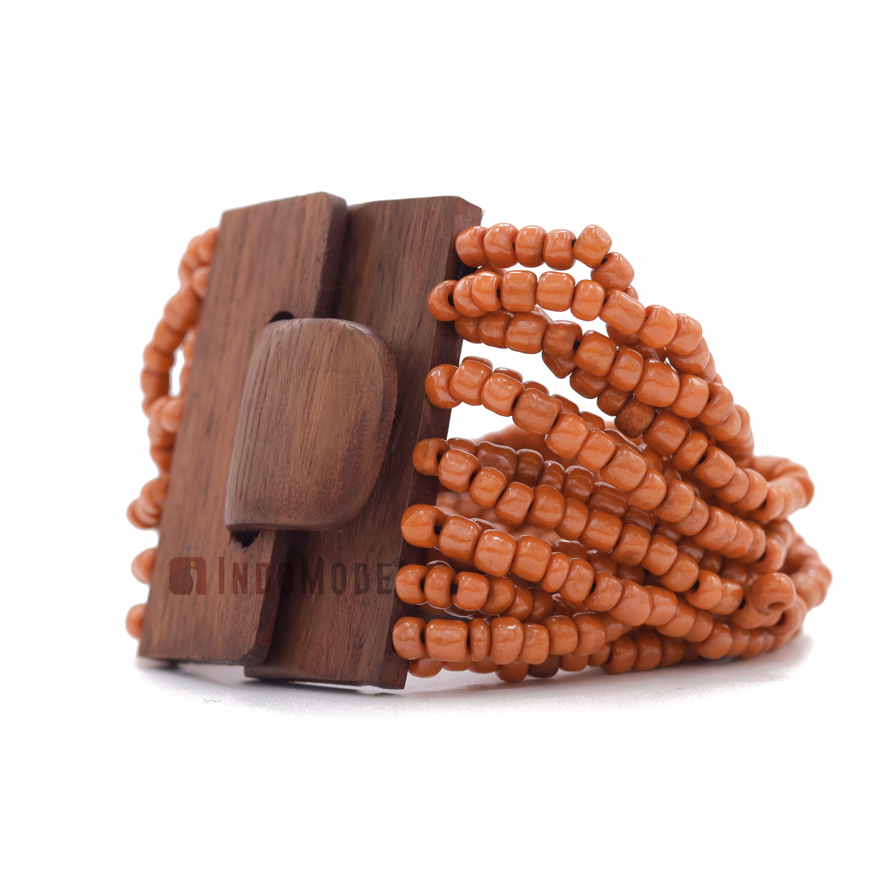 Rustic Orange Color 14-Strand Glass Beaded Bracelet Hardwood Buckle