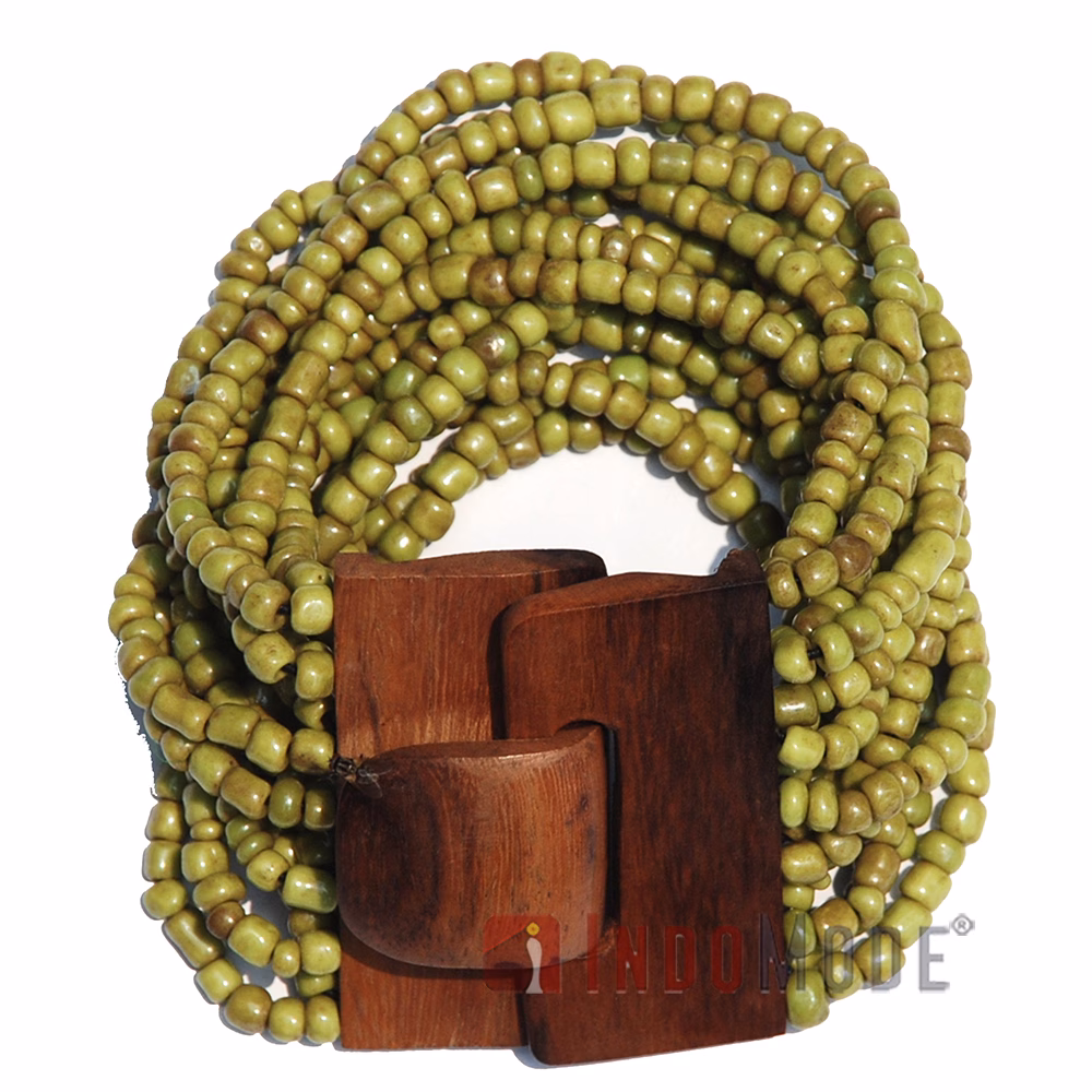 Rustic Green Glass Beaded Bali Bracelet with Natural Brown Wood Clasp
