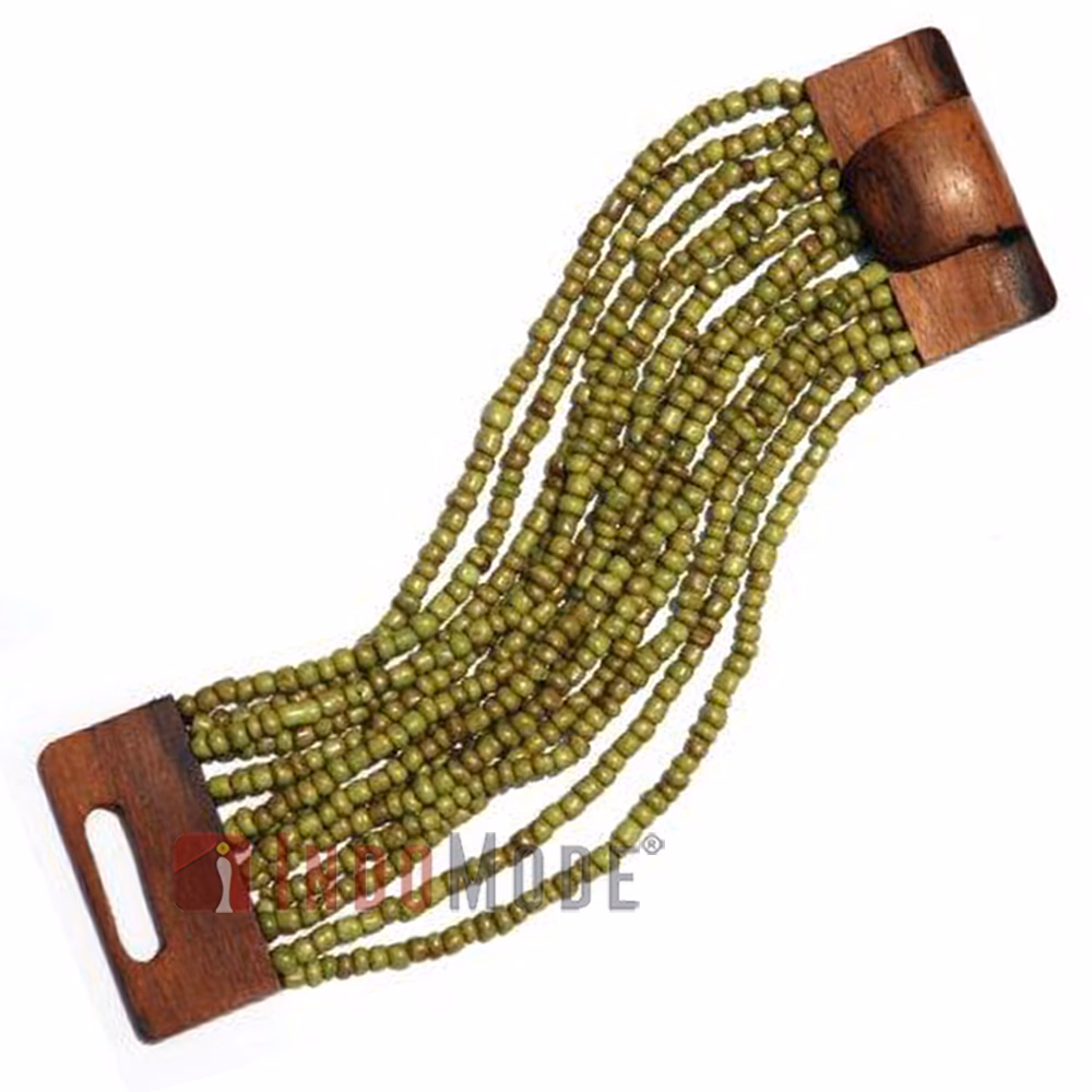 Rustic Green Glass Beaded Bali Bracelet with Natural Brown Wood Clasp - Image 2