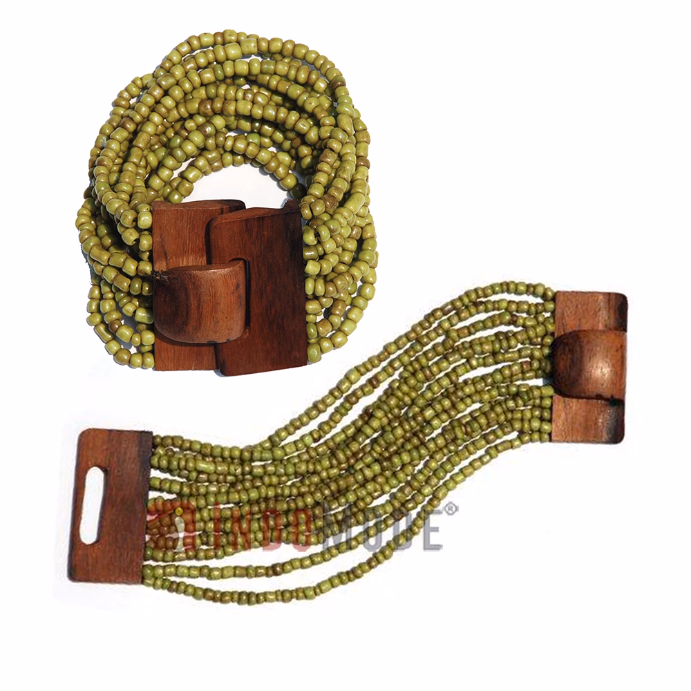 Rustic Green Glass Beaded Bali Bracelet with Natural Brown Wood Clasp - Image 3