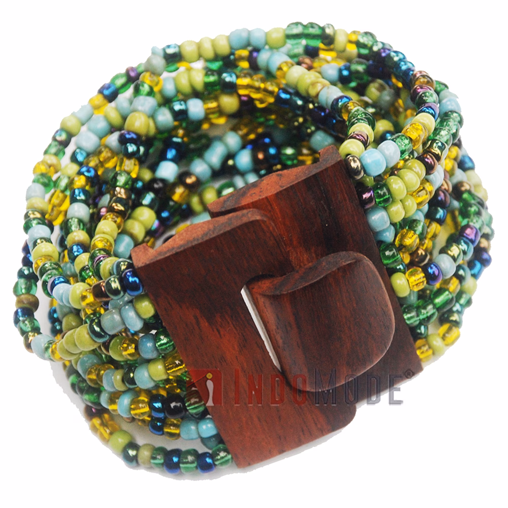 Glass Beaded Bracelet Green Brown Turquoise-Blue Chrome 14-Strands
