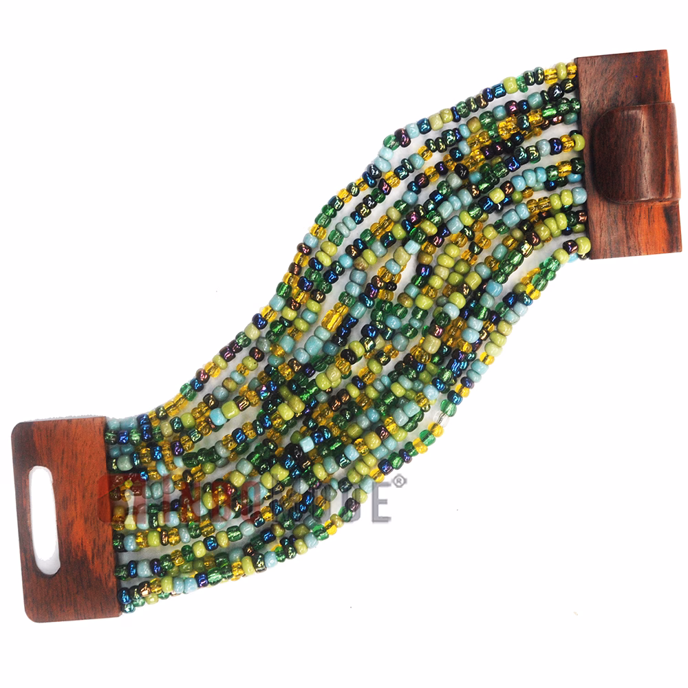 Glass Beaded Bracelet Green Brown Turquoise-Blue Chrome 14-Strands - Image 2