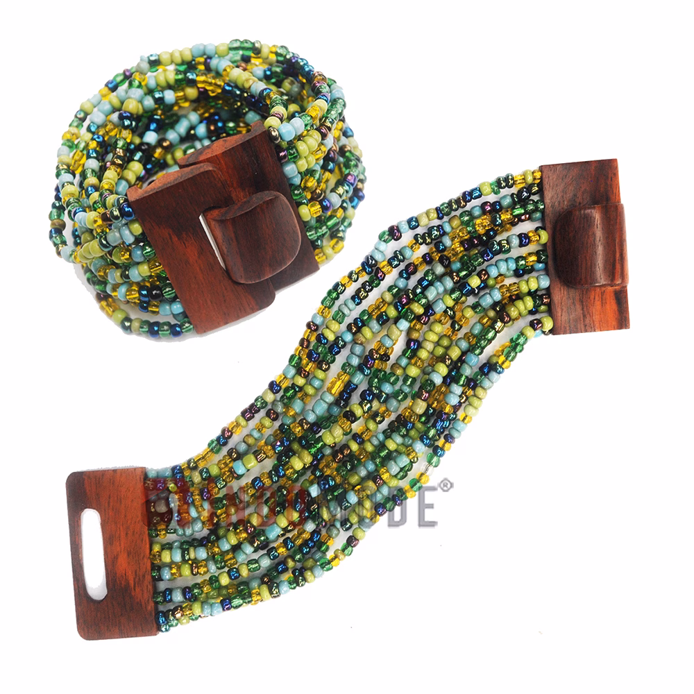 Glass Beaded Bracelet Green Brown Turquoise-Blue Chrome 14-Strands - Image 3