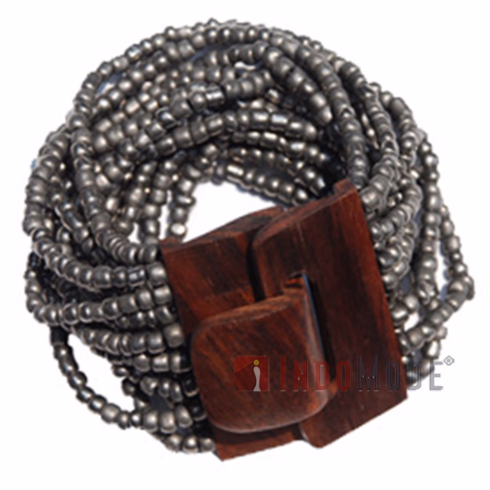 Beaded In Bali Bracelet Dark Gray 14-Strand Glass with Hardwood Clasp