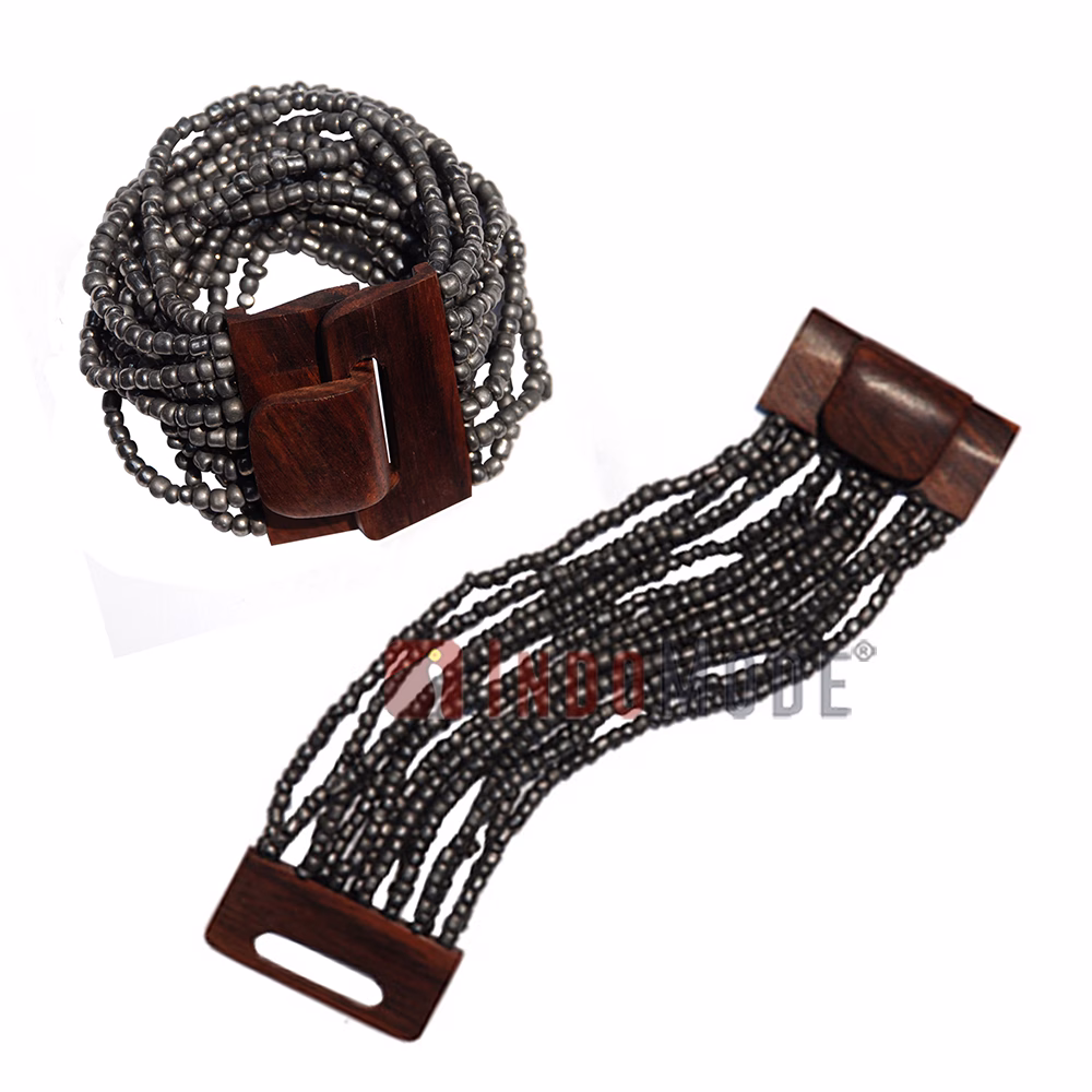 Beaded In Bali Bracelet Dark Gray 14-Strand Glass with Hardwood Clasp - Image 3
