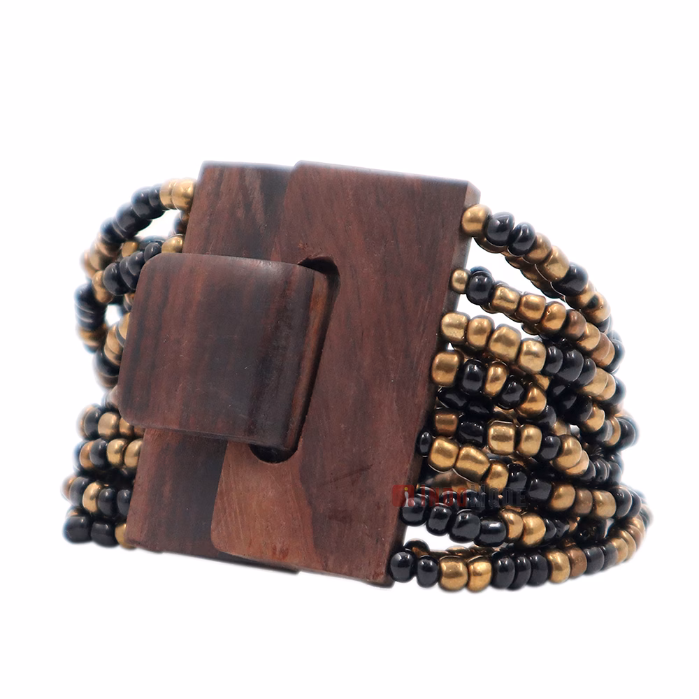 Black & Gold Glass Beaded Bali Bracelet 14-Strand Natural Wood Clasp