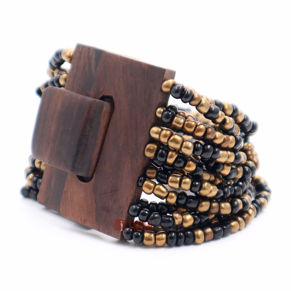 Black & Gold Glass Beaded Bali Bracelet 14-Strand Natural Wood Clasp - Image 2