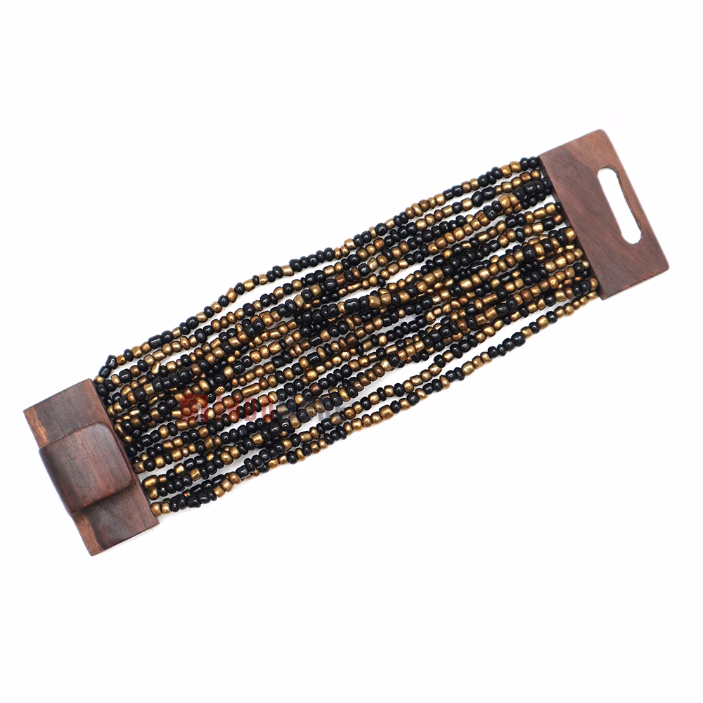 Black & Gold Glass Beaded Bali Bracelet 14-Strand Natural Wood Clasp - Image 3