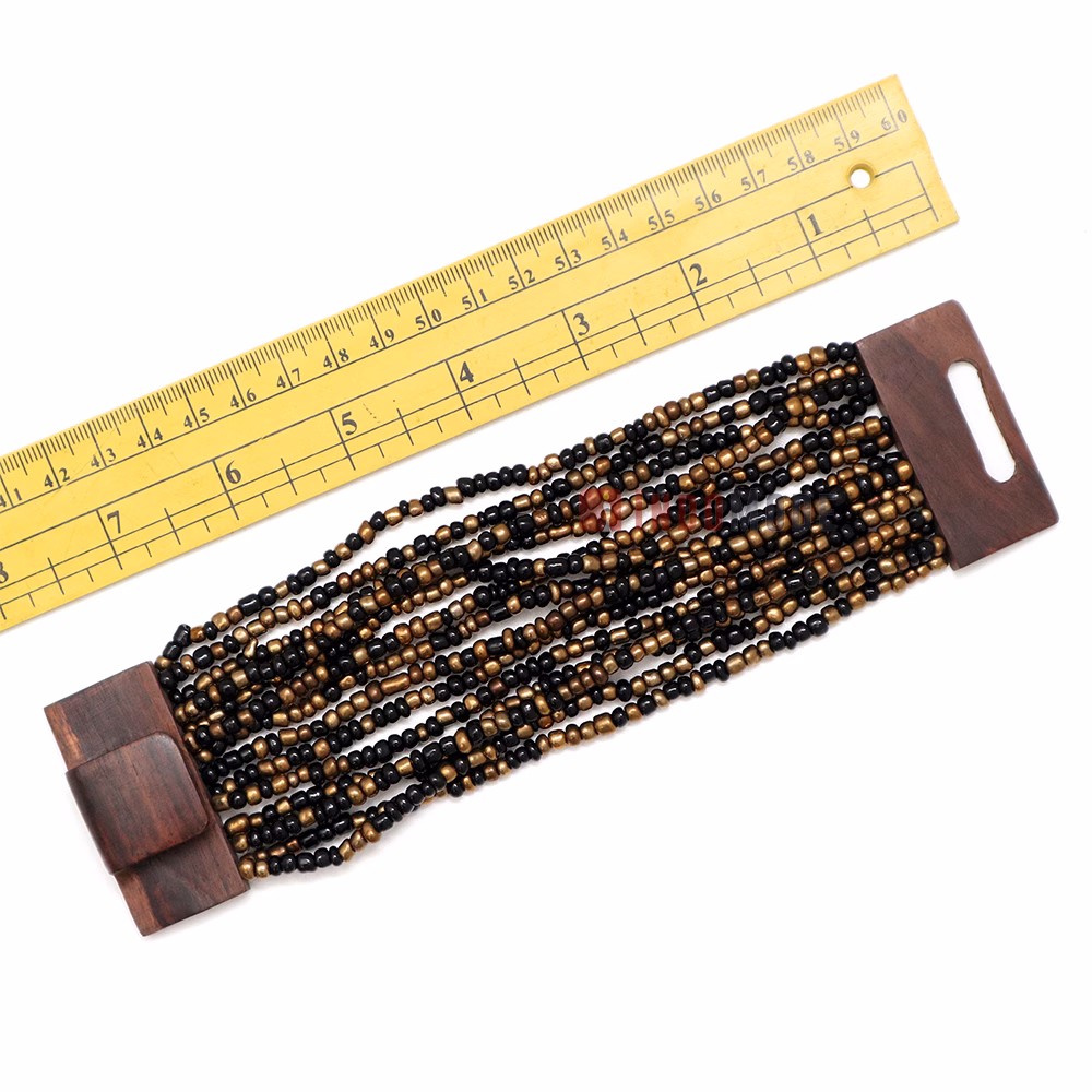 Black & Gold Glass Beaded Bali Bracelet 14-Strand Natural Wood Clasp - Image 4