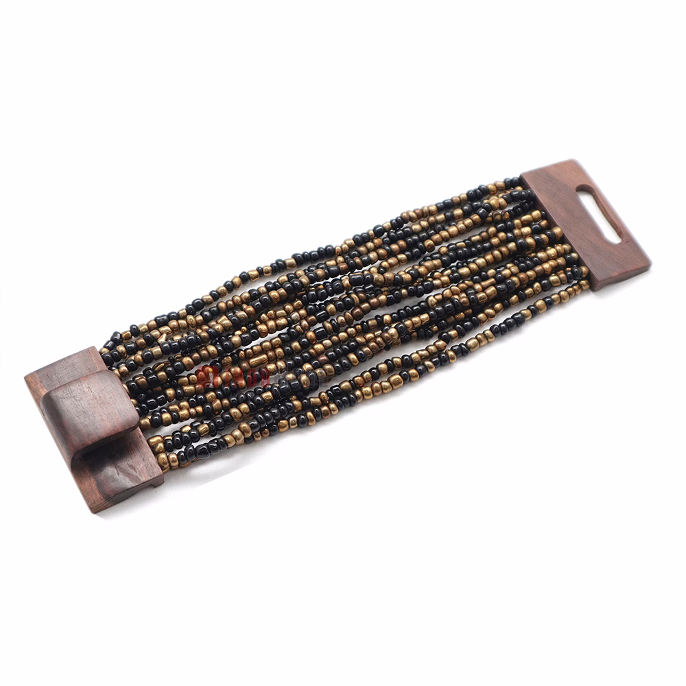 Black & Gold Glass Beaded Bali Bracelet 14-Strand Natural Wood Clasp - Image 5
