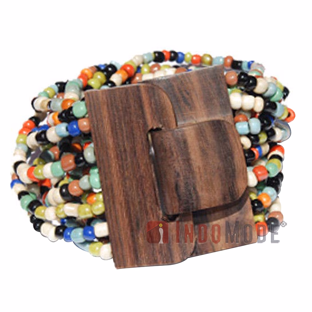 Multi-Color 14-Strand Small Glass Beaded Bali Bracelet Wood Clasp