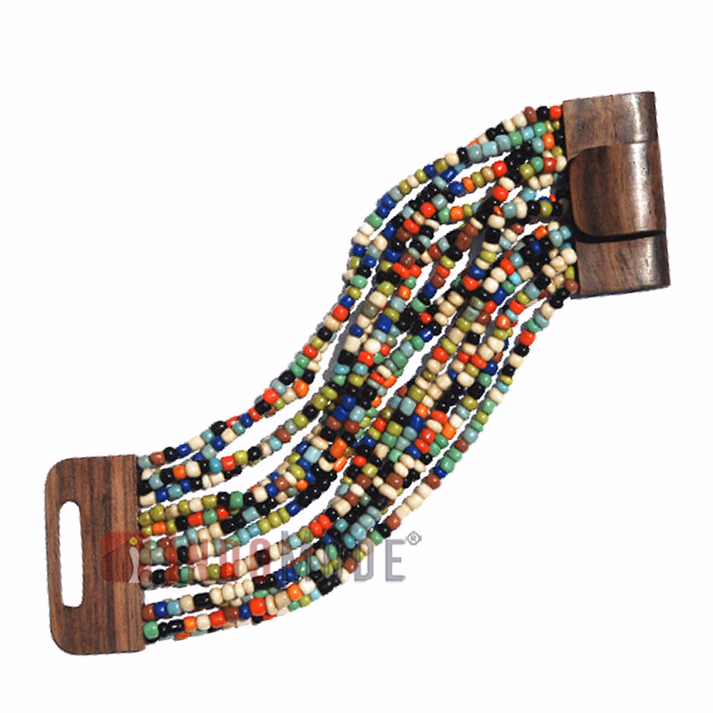 Multi-Color 14-Strand Small Glass Beaded Bali Bracelet Wood Clasp - Image 2