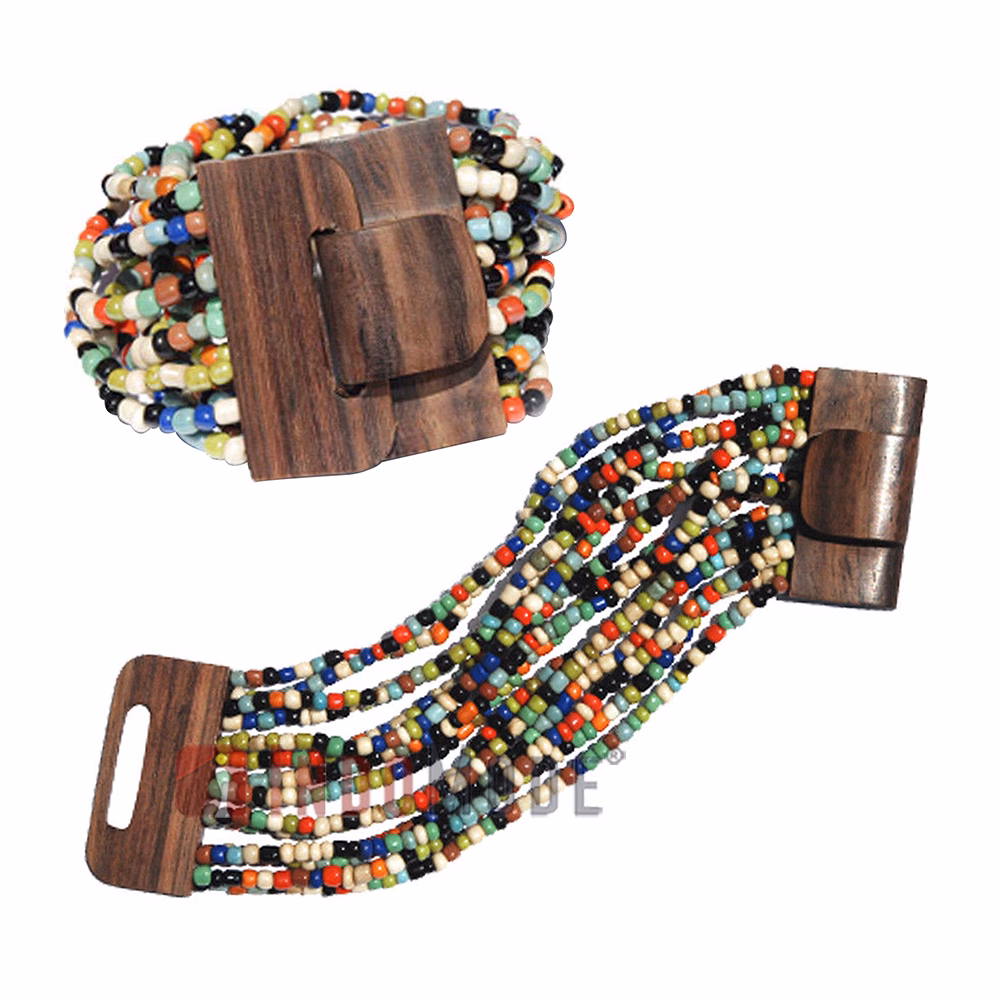 Multi-Color 14-Strand Small Glass Beaded Bali Bracelet Wood Clasp - Image 3