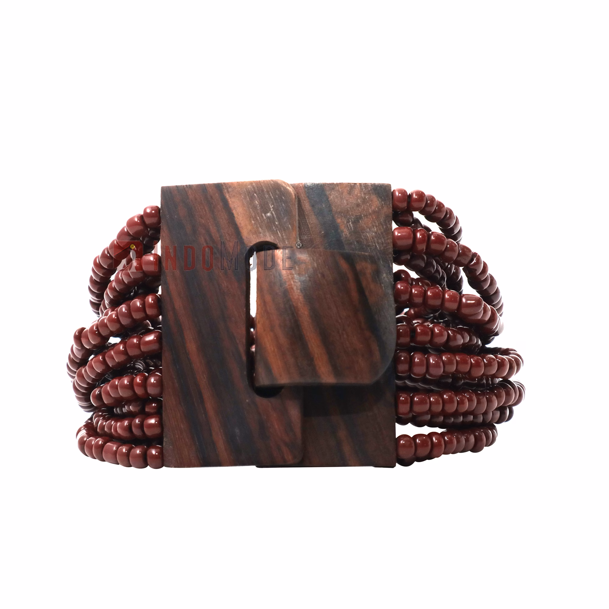 Maroon Beaded Bali Bracelet Ethnic Design Glass Wooden Buckle Clasp