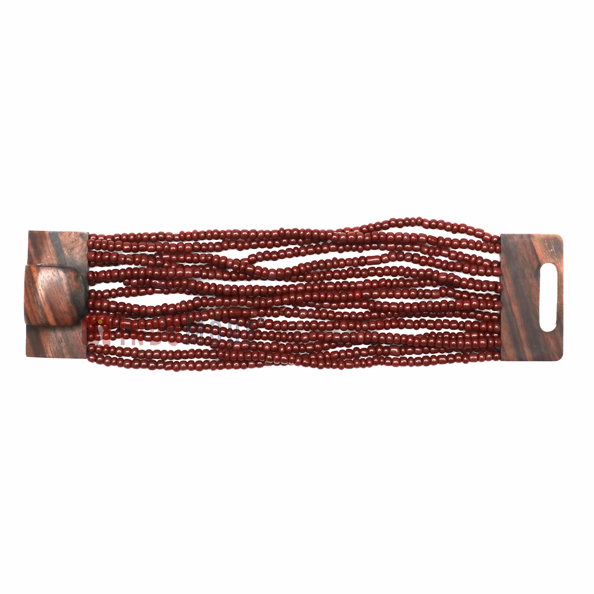 Maroon Beaded Bali Bracelet Ethnic Design Glass Wooden Buckle Clasp